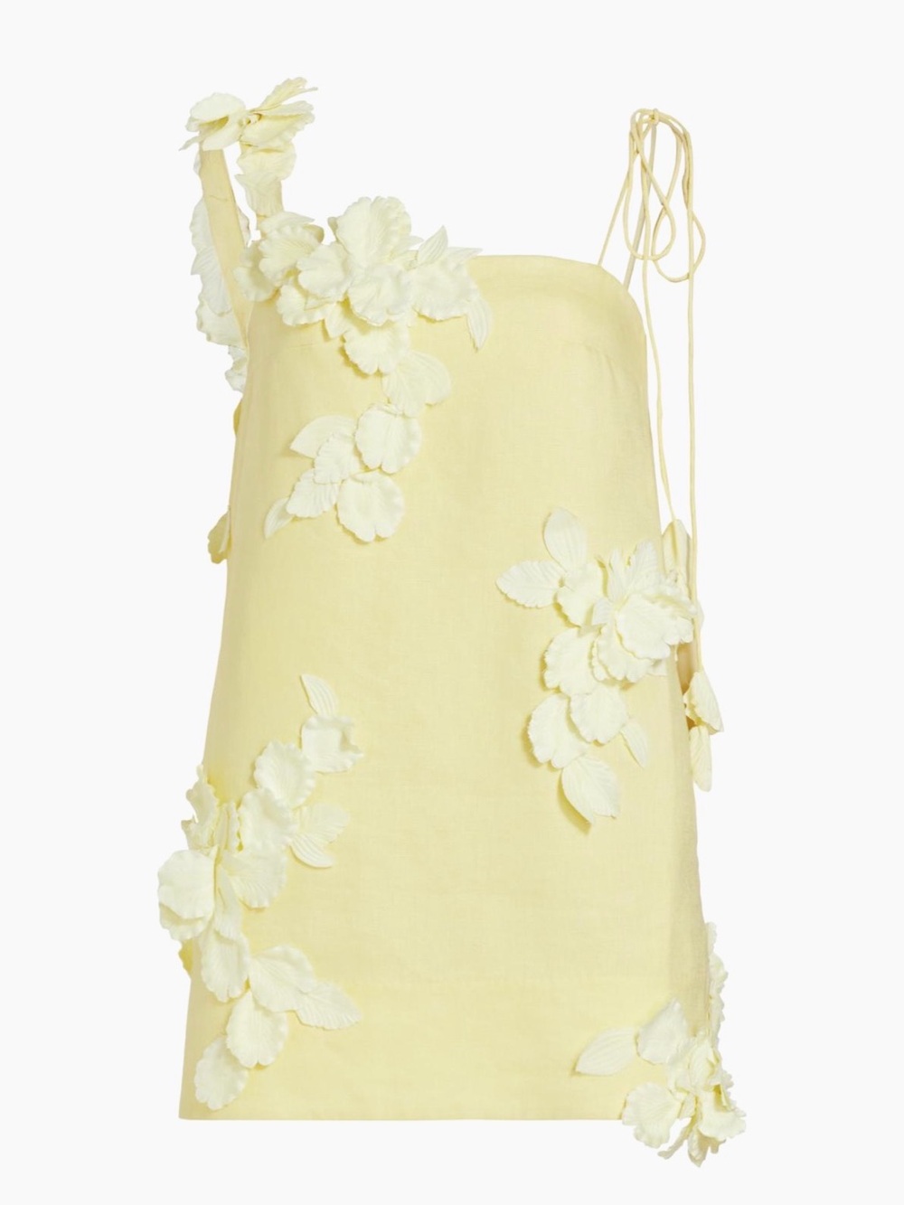 Zimmermann Pale Yellow One-Shoulder Mini Dress with Floral Appliqués
